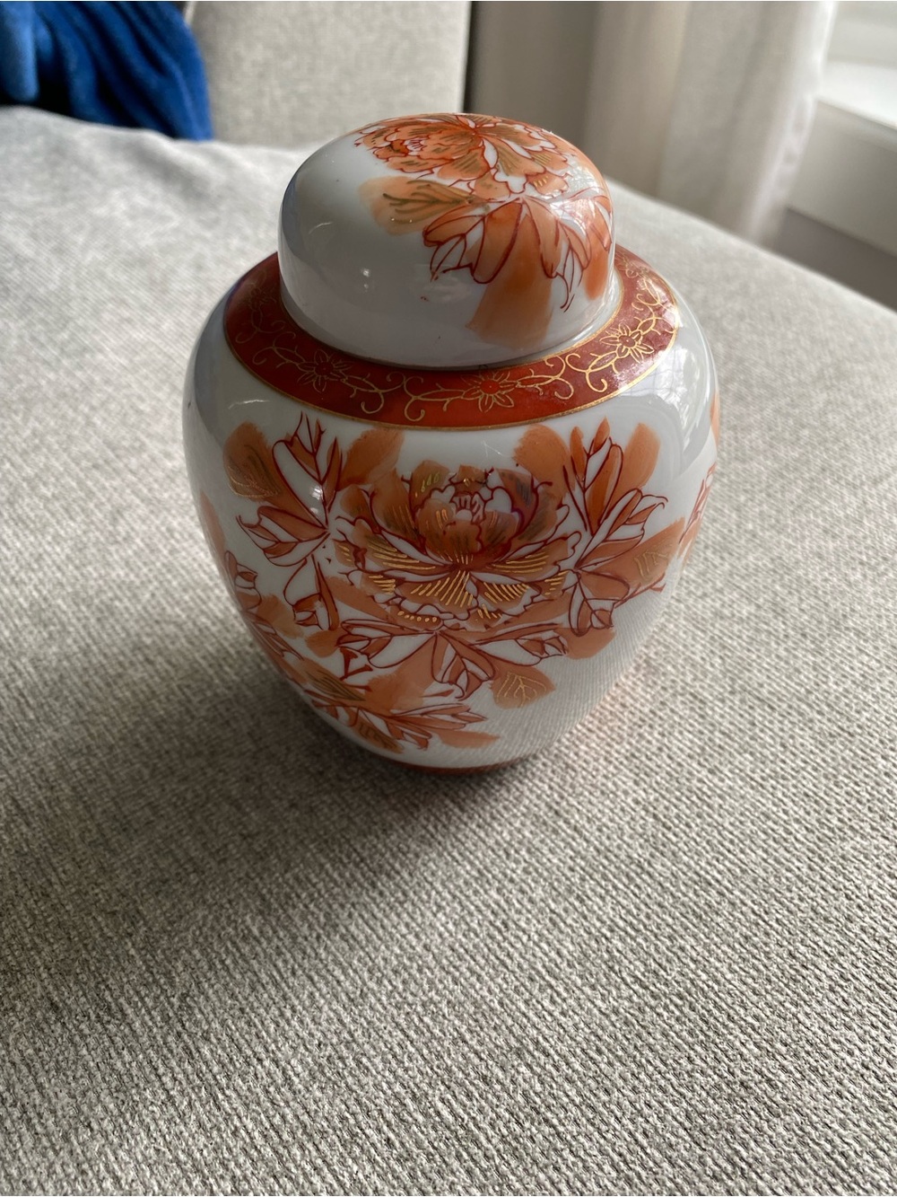 White Porcelain Ginger Jar with Orange Floral & Gold Accents